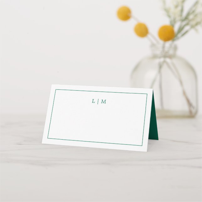 Simple Emerald Green Monogram Elegant Wedding Place Card (Front)