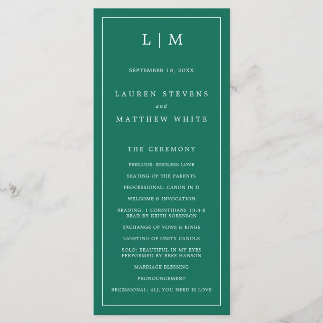 Simple Emerald Green Monogram Elegant Wedding Programme (Front)