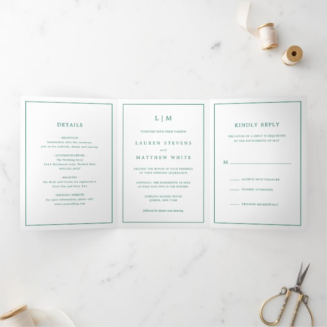 Simple Emerald Green Monogram Elegant Wedding Tri-Fold Invitation (Inside)