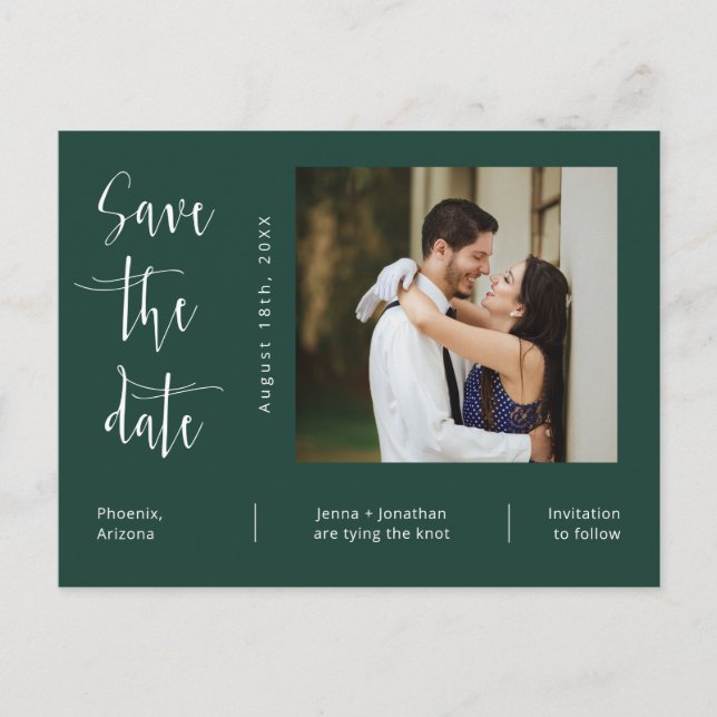 Simple Emerald Green Photo QR Code Save The Date Postcard (Front)