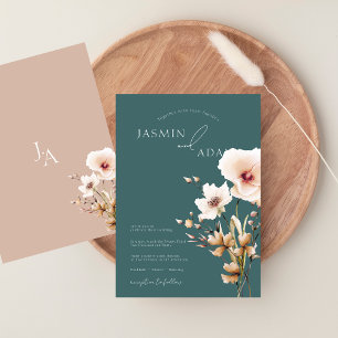 Simple Emerald Green Pink Wildflowers Wedding Invitation