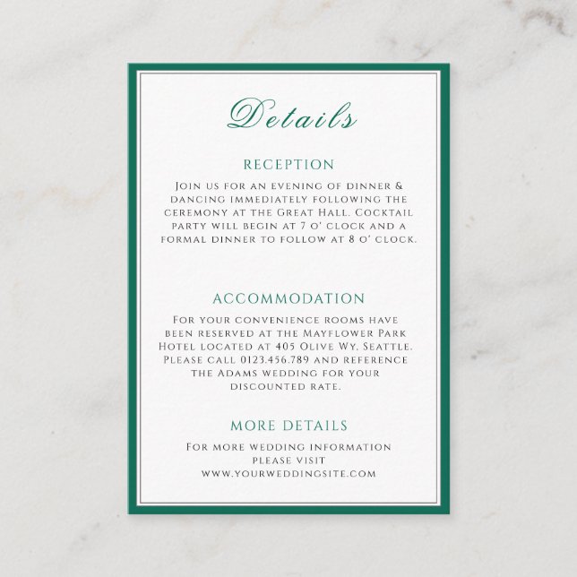 Simple Emerald Green Wedding Info Enclosure Card (Front)