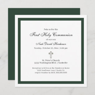 Simple Emerald Green White First Holy Communion  Invitation