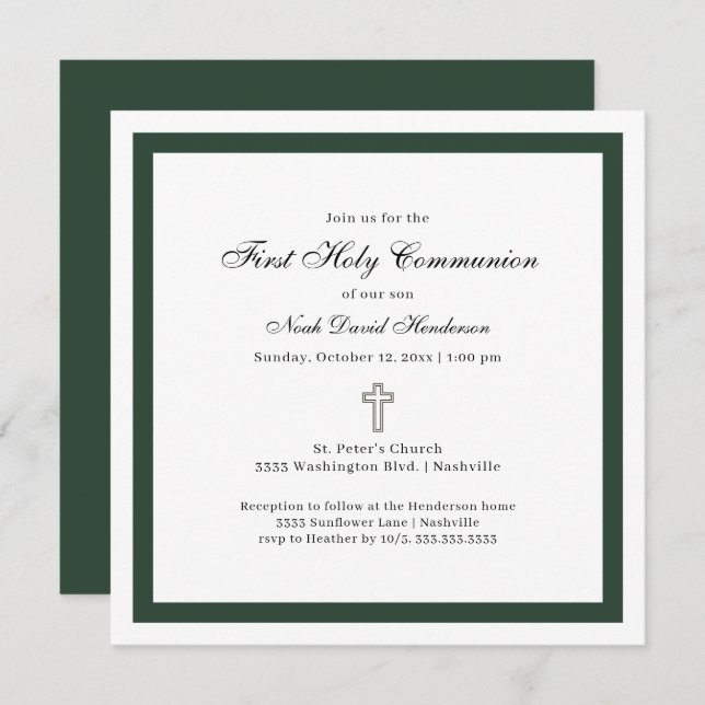 Simple Emerald Green White First Holy Communion  Invitation (Front/Back)