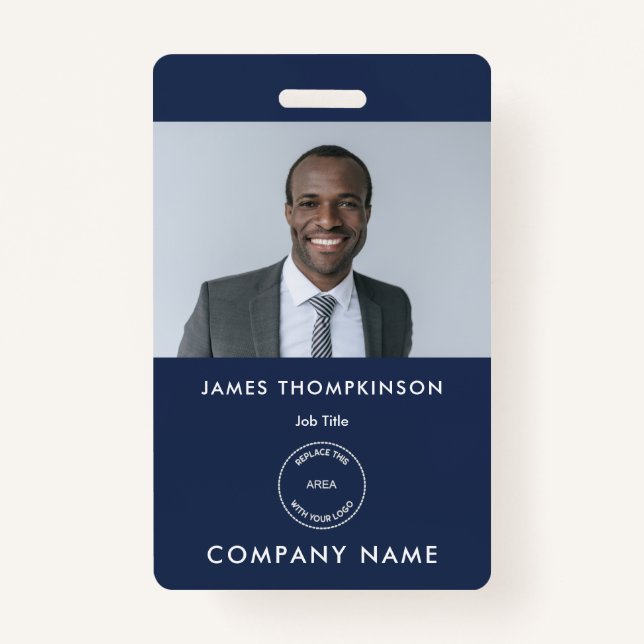 Simple Employee Photo ID Name Logo Navy Blue ID Badge (Front)