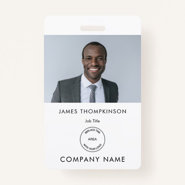 Simple Employee Photo ID Name Logo White  ID Badge (Front)