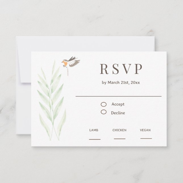 Simple Endangered Fern With Robin Meal Choice RSVP Card (Front)