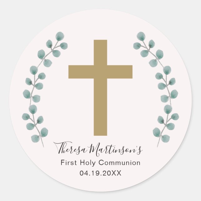 Simple Eucalyptus and Cross First Holy Communion Classic Round Sticker (Front)