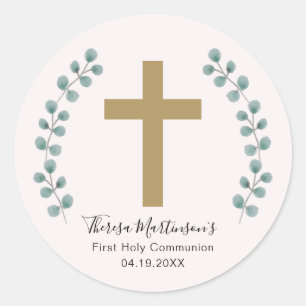 Simple Eucalyptus and Cross First Holy Communion Classic Round Sticker
