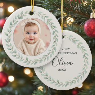 Simple Eucalyptus Baby First Christmas Photo Ceramic Tree Decoration