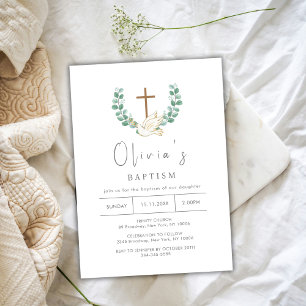 Simple Eucalyptus Bird Gold Cross Wreath Baptism Invitation