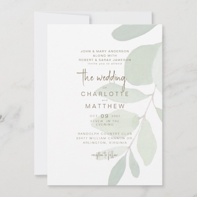 Simple Eucalyptus Both Parents Gold Text Wedding Invitation (Front)