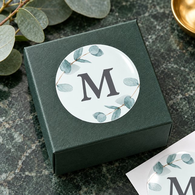 Simple Eucalyptus Branches Rustic Wedding monogram Classic Round Sticker (Eucalyptus Monogram Round Wedding Favor Sticker. Styling props not included.)