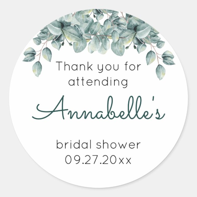 Simple Eucalyptus  Bridal Shower Thank You Classic Round Sticker (Front)