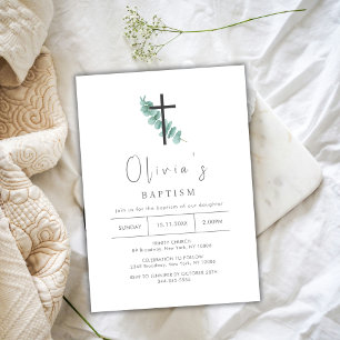 Simple Eucalyptus Cross Christening Baptism Invitation