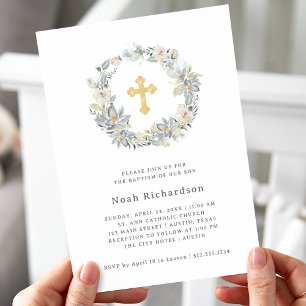 Simple Eucalyptus   Faux Gold Cross Baptism Invitation