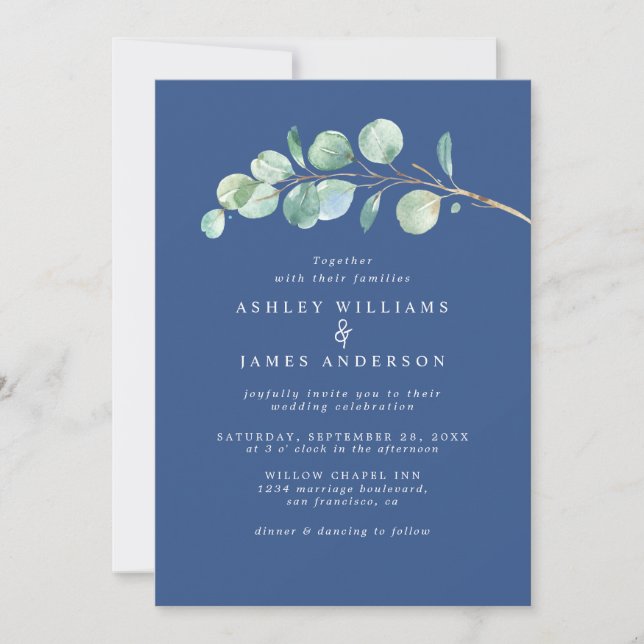 Simple Eucalyptus Foliage Classic Blue Wedding Invitation (Front)