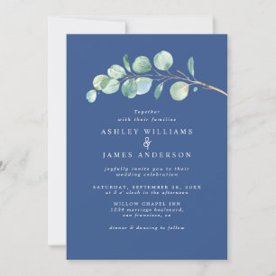 Simple Eucalyptus Foliage Classic Blue Wedding Invitation