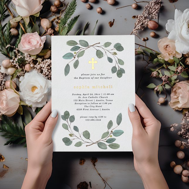 Simple Eucalyptus Greenery and Gold Cross Baptism (Creator Uploaded)