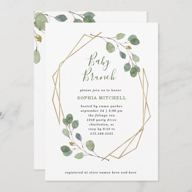 Simple Eucalyptus Greenery Geometric Baby Brunch Invitation (Front/Back)