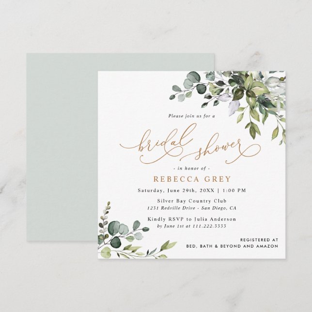 Simple Eucalyptus Greenery Gold Bridal Shower Invitation (Front/Back)