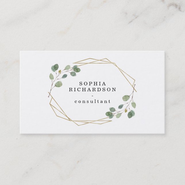 Simple Eucalyptus Greenery | Gold Geometric Business Card (Front)