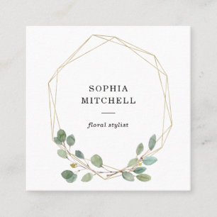 Simple Eucalyptus Greenery   Gold Geometric Square Business Card