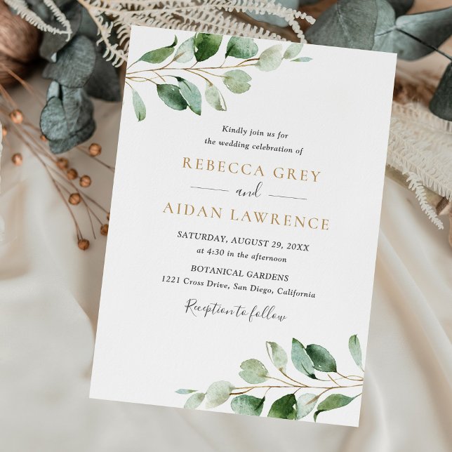 Simple Eucalyptus Greenery Gold Wedding Invitation (Creator Uploaded)