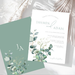 Simple Eucalyptus Greenery Monogram Wedding Invitation