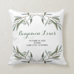 Simple Eucalyptus Greenery New Baby Birth Stats Cushion