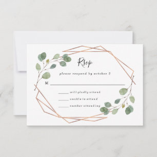Simple Eucalyptus Greenery   Rose Gold Geo Wedding RSVP Card