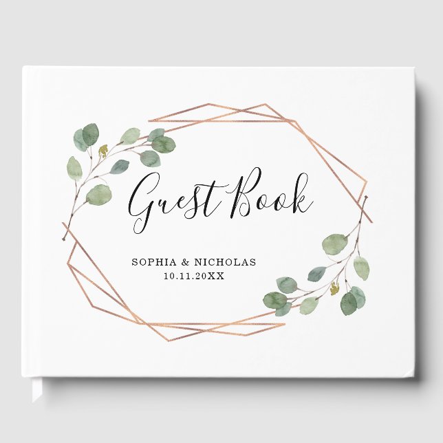 Simple Eucalyptus Greenery | Rose Gold Geometric Guest Book (Front)