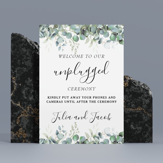 Simple Eucalyptus Greenery Wedding Unplugged Sign (Simple Eucalyptus Greenery Wedding Party Supplies)