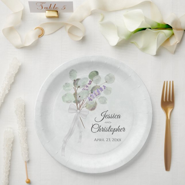 Simple Eucalyptus & Lavender Bouquet Wedding Paper Plate (Wedding)