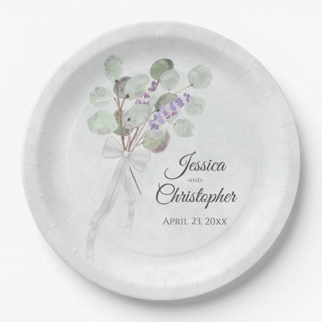 Simple Eucalyptus & Lavender Bouquet Wedding Paper Plate (Front)