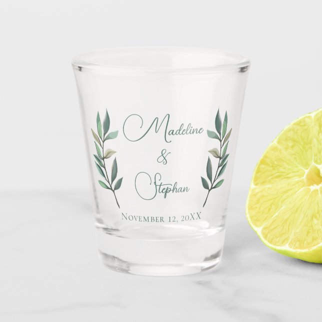 Simple Eucalyptus Leaf Wedding Monogram Botanical Shot Glass (Front)