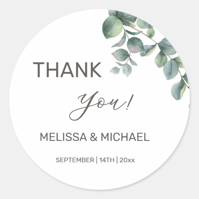 Simple Eucalyptus Leave Wedding Thank You Classic Round Sticker (Front)