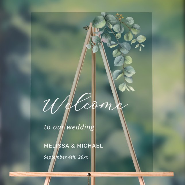 Simple Eucalyptus Leave Wedding Welcome Acrylic Sign (Neutral)