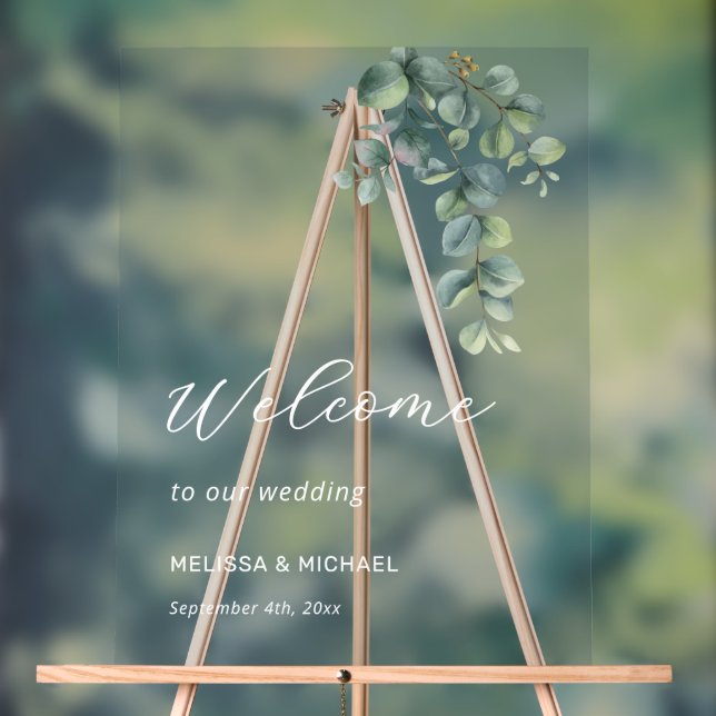 Simple Eucalyptus Leave Wedding Welcome Acrylic Sign (Neutral)