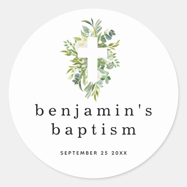 Simple Eucalyptus Leaves Cross Name Date Baptism Classic Round Sticker (Front)