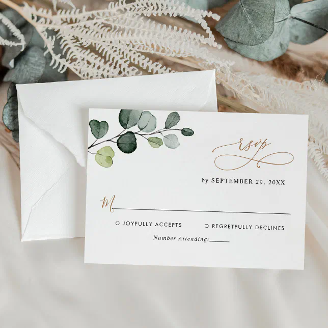 Simple Eucalyptus Leaves Greenery Gold Wedding RSVP Card | Zazzle