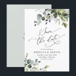 Simple Eucalyptus Leaves Greenery Save the Date Invitation<br><div class="desc">This elegant and customisable Save the Date card features mixed watercolor greenery leaves paired with a classy serif & delicate sans font in black,  with a monogram on the back. Matching items available.</div>