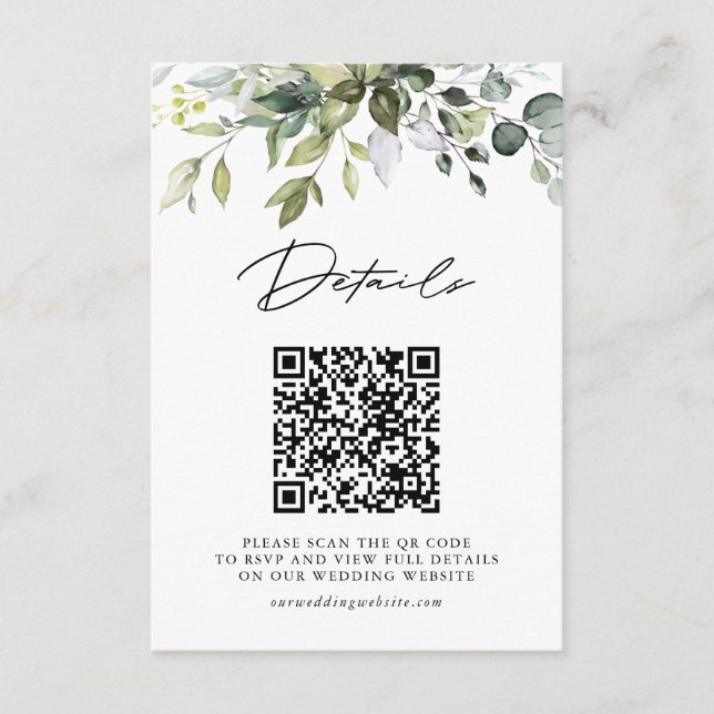 Simple Eucalyptus Leaves QR Code Wedding Details Enclosure Card (Front)