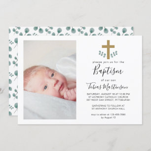 Simple Eucalyptus Leaves with Cross Baptism Photo Invitation