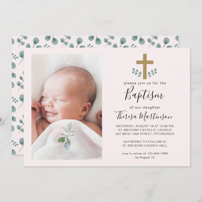 Simple Eucalyptus Leaves with Cross Baptism Photo Invitation (Front/Back)
