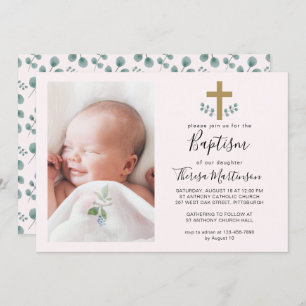 Simple Eucalyptus Leaves with Cross Baptism Photo Invitation