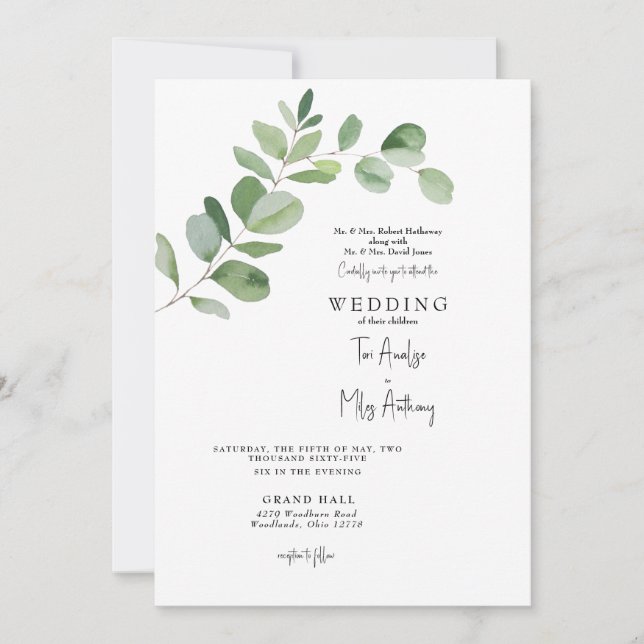 Simple Eucalyptus Modern Both Parents Wedding Invitation (Front)