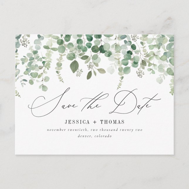 Simple Eucalyptus Modern Calligraphy Save The Date Announcement Postcard (Front)