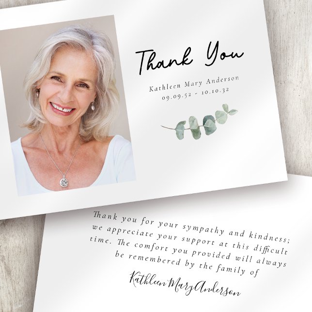 Simple Eucalyptus Photo Funeral Sympathy Thank You Card (Creator Uploaded)