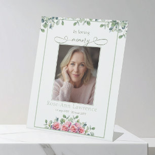Simple Eucalyptus Pink Rose Photo In loving memory Pedestal Sign